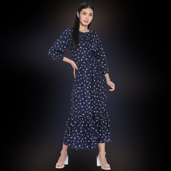 Winter Lily: Navy Blue Floral Maxi Dress - Picture 2 of 4